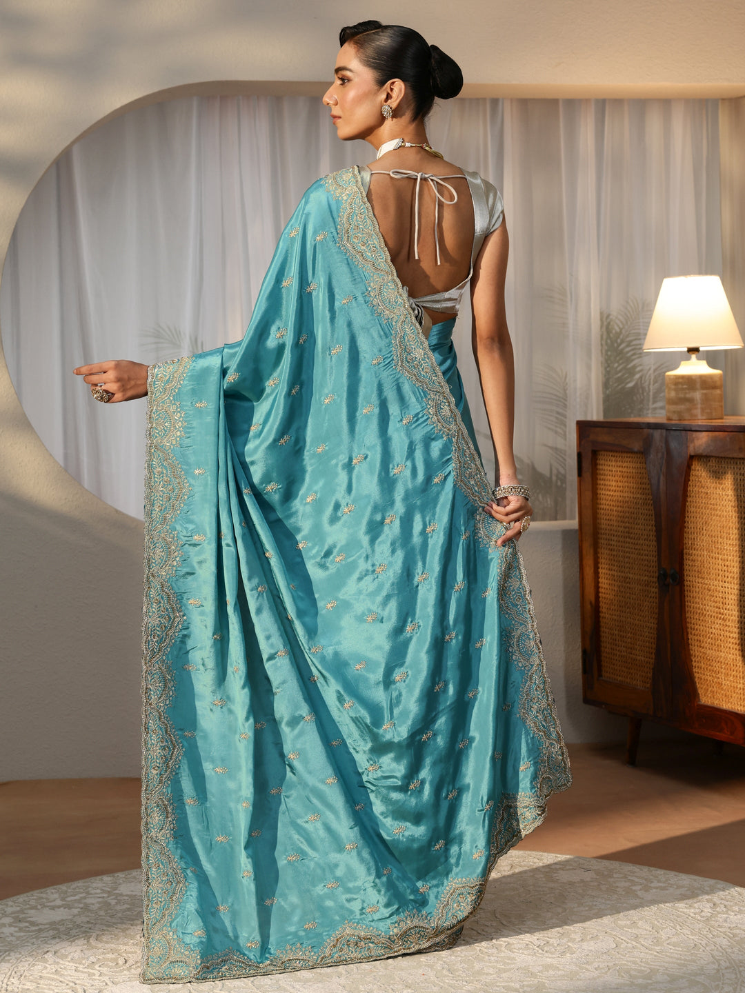 Aqua Blue Floral Embroidered Satin Saree