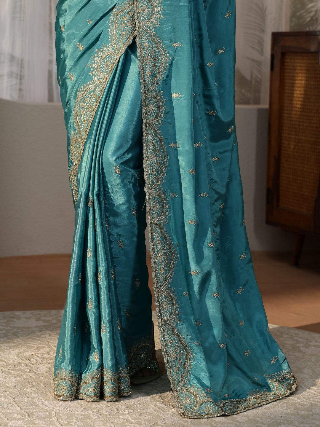 Aqua Blue Floral Embroidered Satin Saree