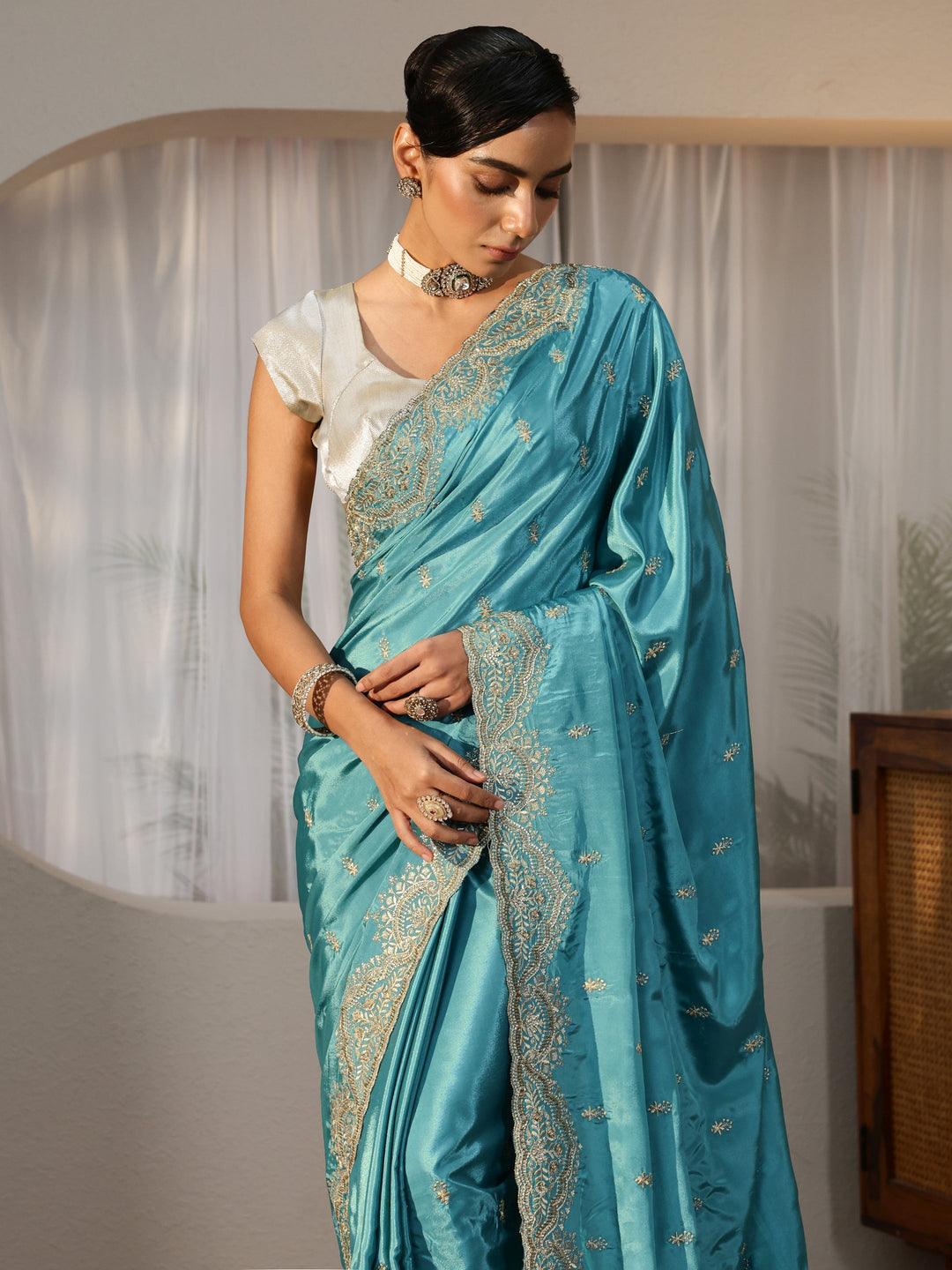Aqua Blue Floral Embroidered Satin Saree