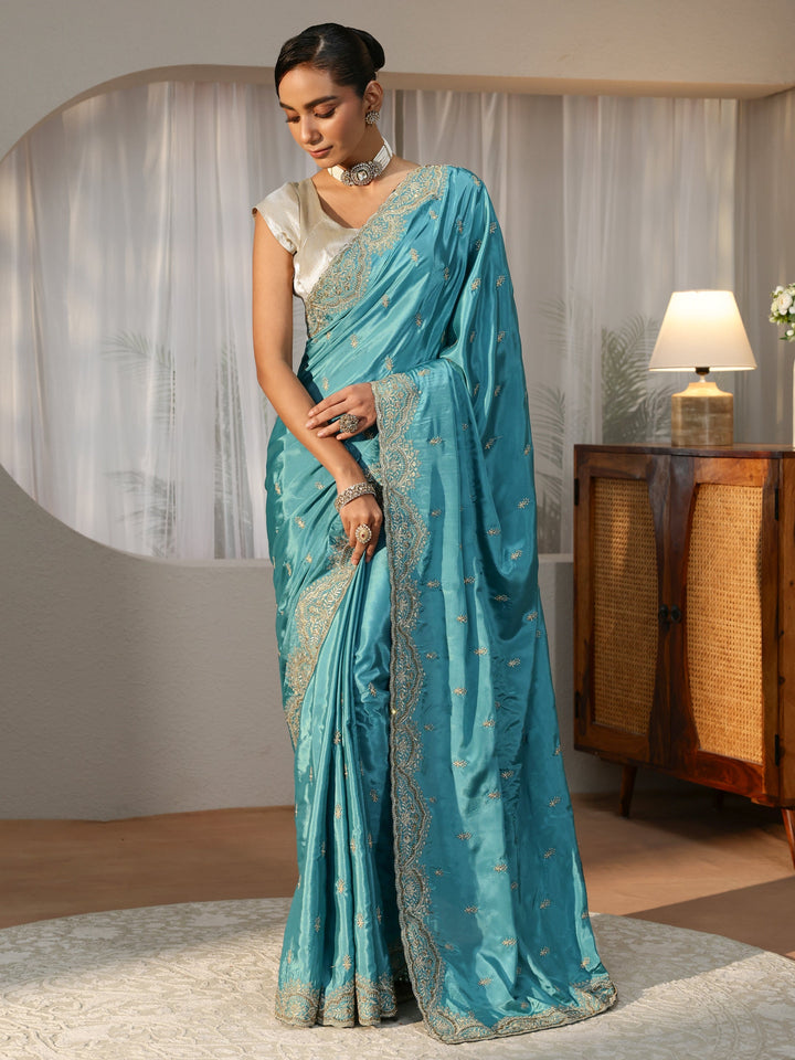 Aqua Blue Floral Embroidered Satin Saree