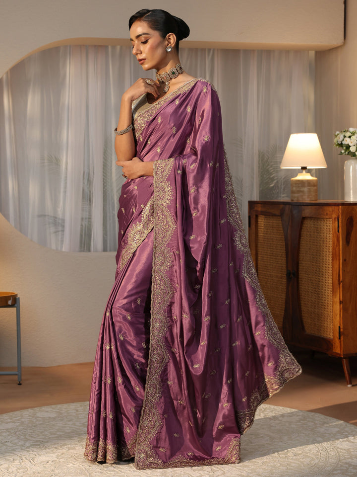 Mauve Floral Embroidered Satin Saree
