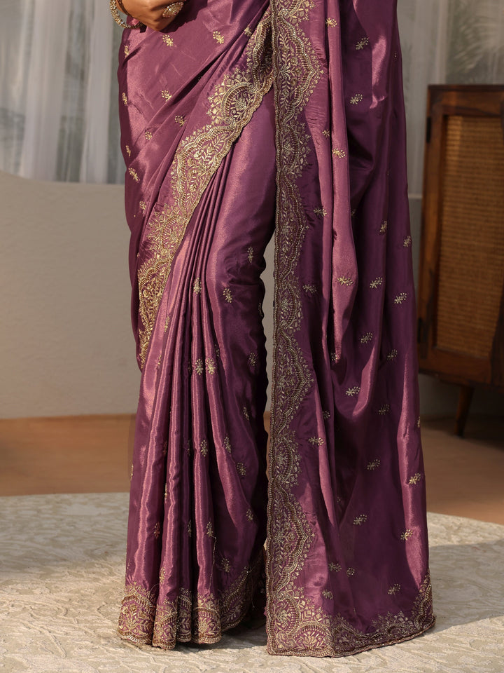 Mauve Floral Embroidered Satin Saree