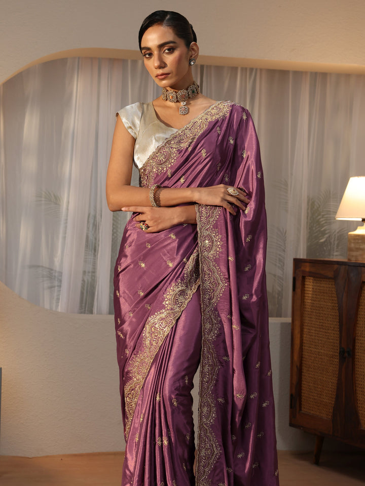 Mauve Floral Embroidered Satin Saree