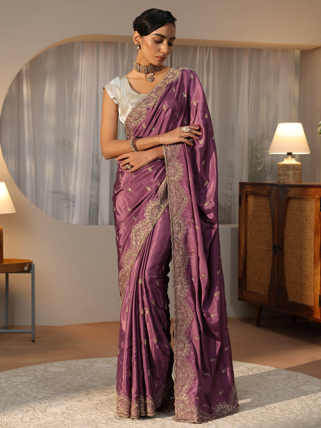 Mauve Floral Embroidered Satin Saree