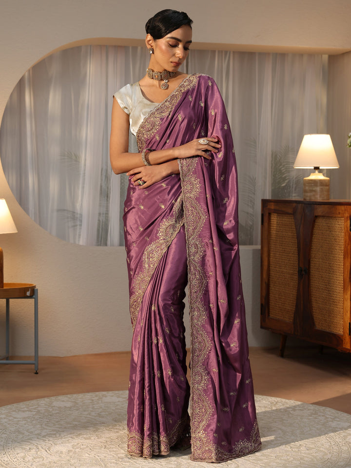 Mauve Floral Embroidered Satin Saree