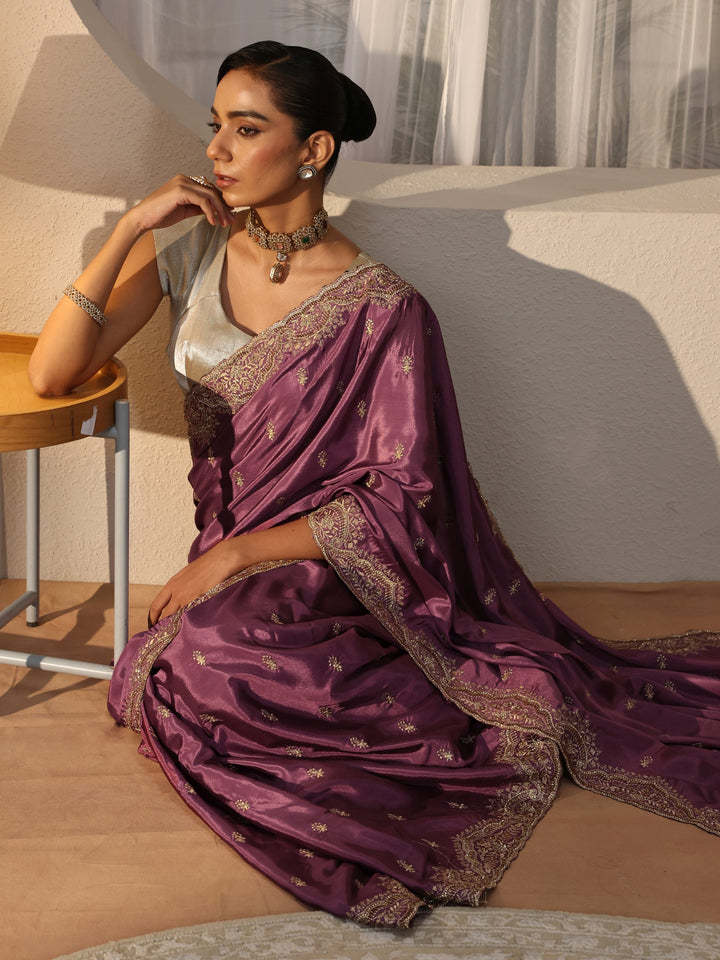 Mauve Floral Embroidered Satin Saree