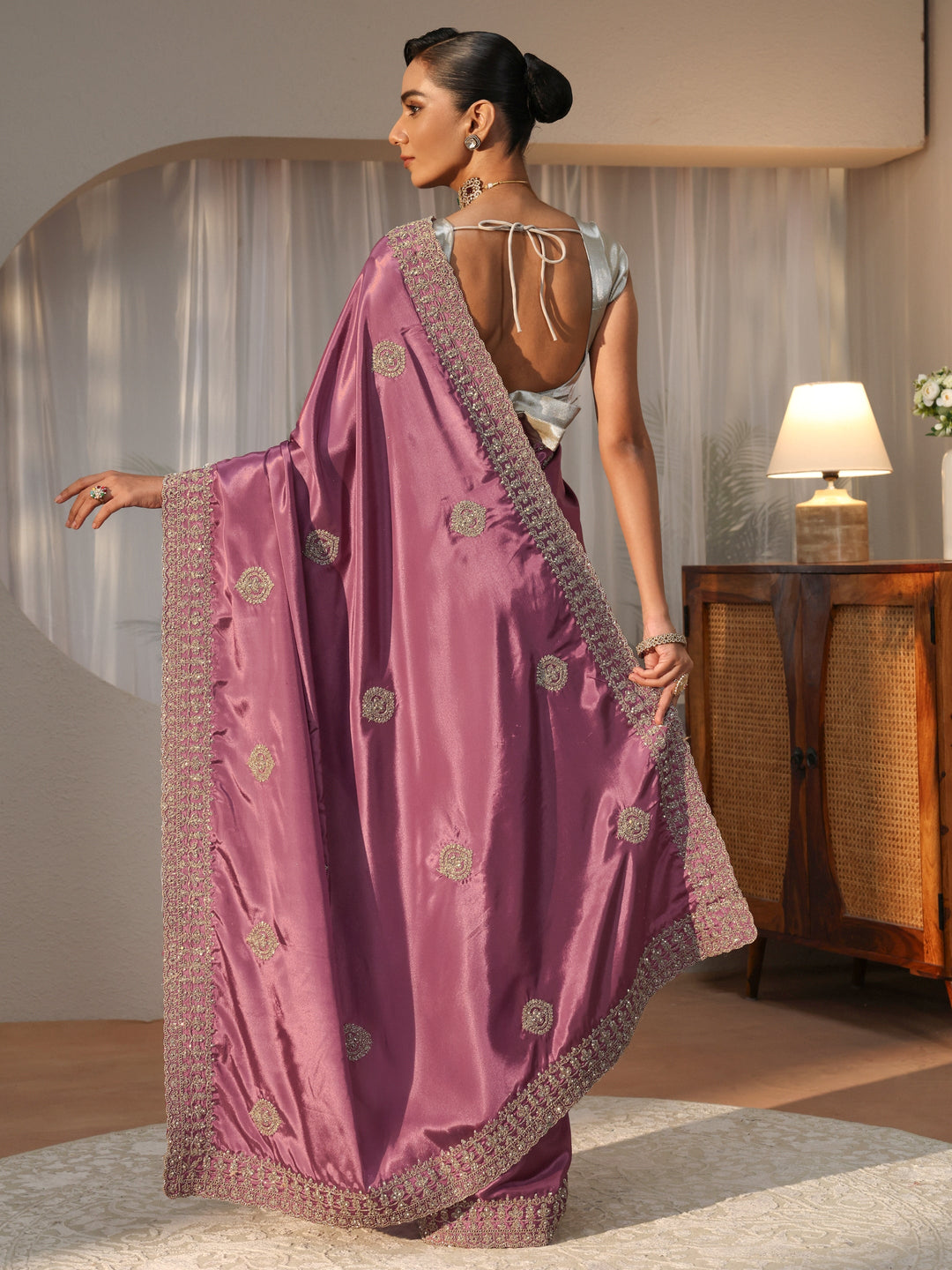 Mauve Ethnic Embroidered Satin Saree