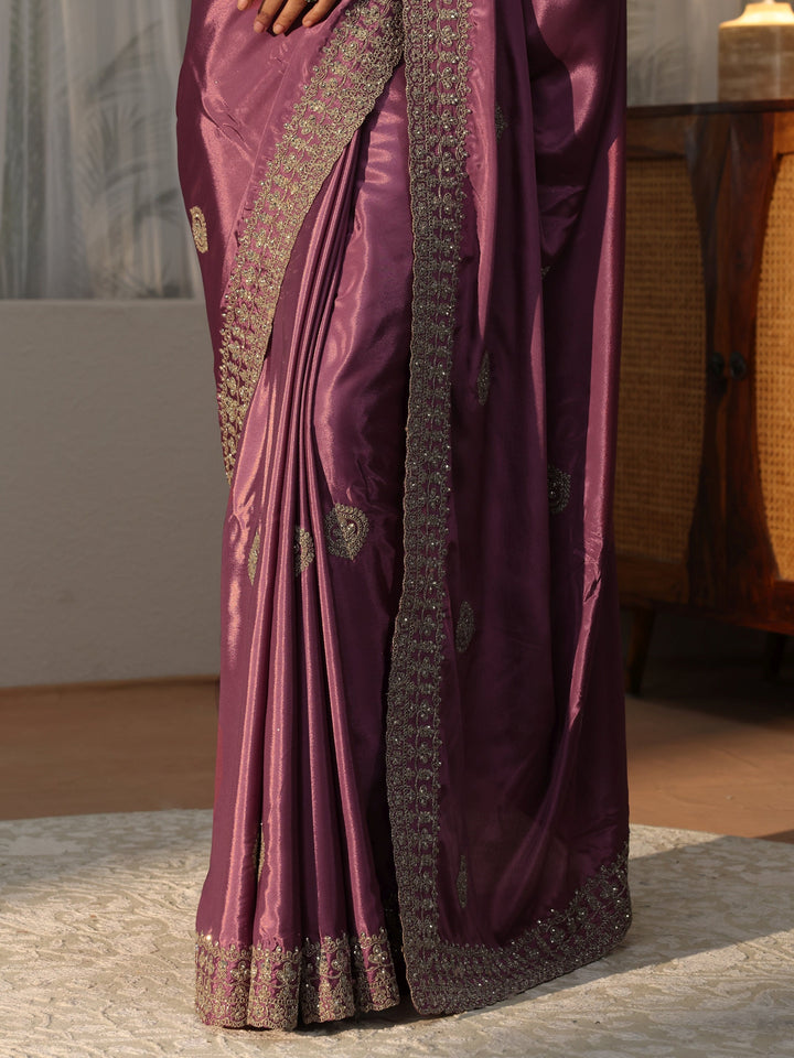 Mauve Ethnic Embroidered Satin Saree