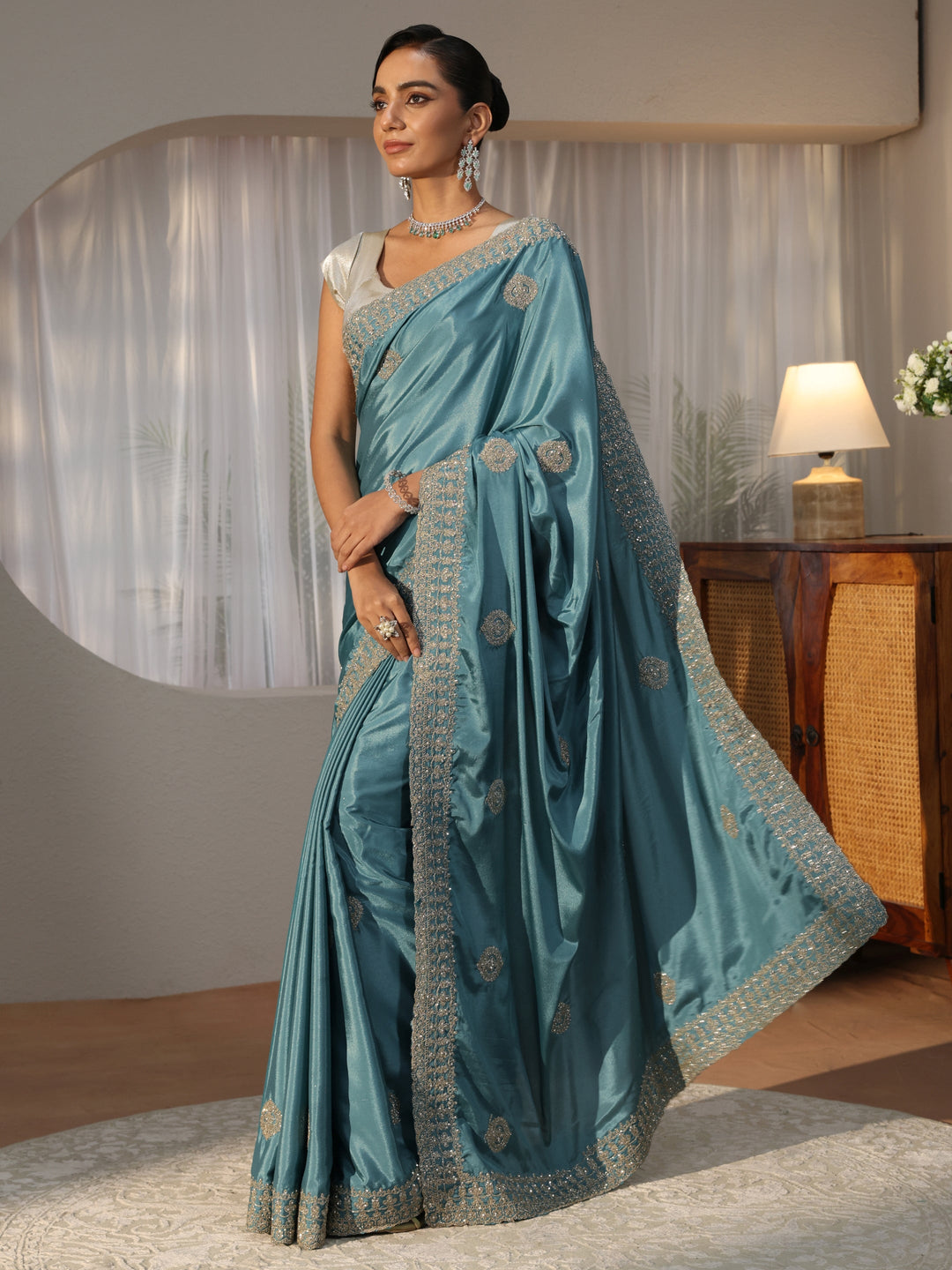 Dusty Blue Ethnic Embroidered Satin Saree