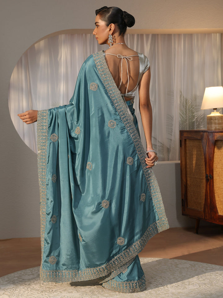 Dusty Blue Ethnic Embroidered Satin Saree