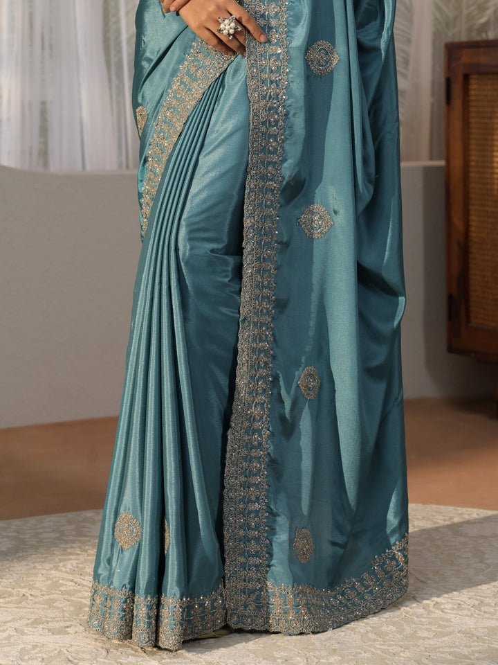 Dusty Blue Ethnic Embroidered Satin Saree