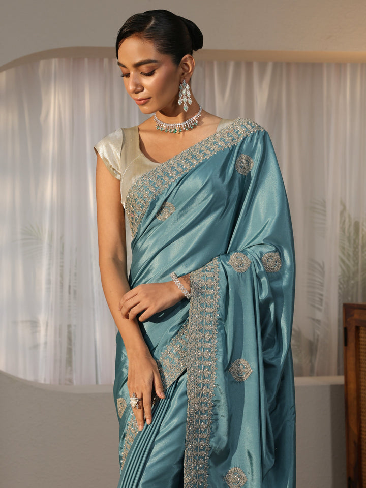 Dusty Blue Ethnic Embroidered Satin Saree