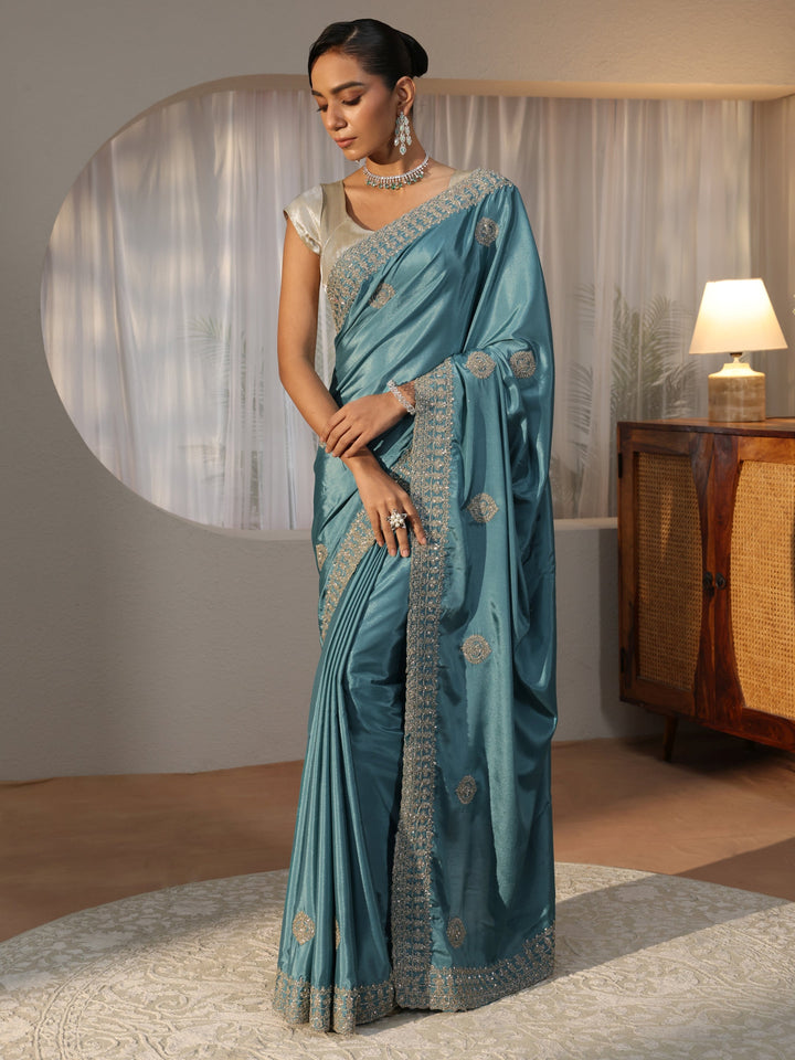 Dusty Blue Ethnic Embroidered Satin Saree