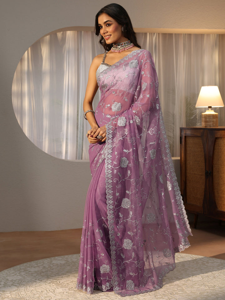 Lavender Floral Embroidered Chiffon Saree