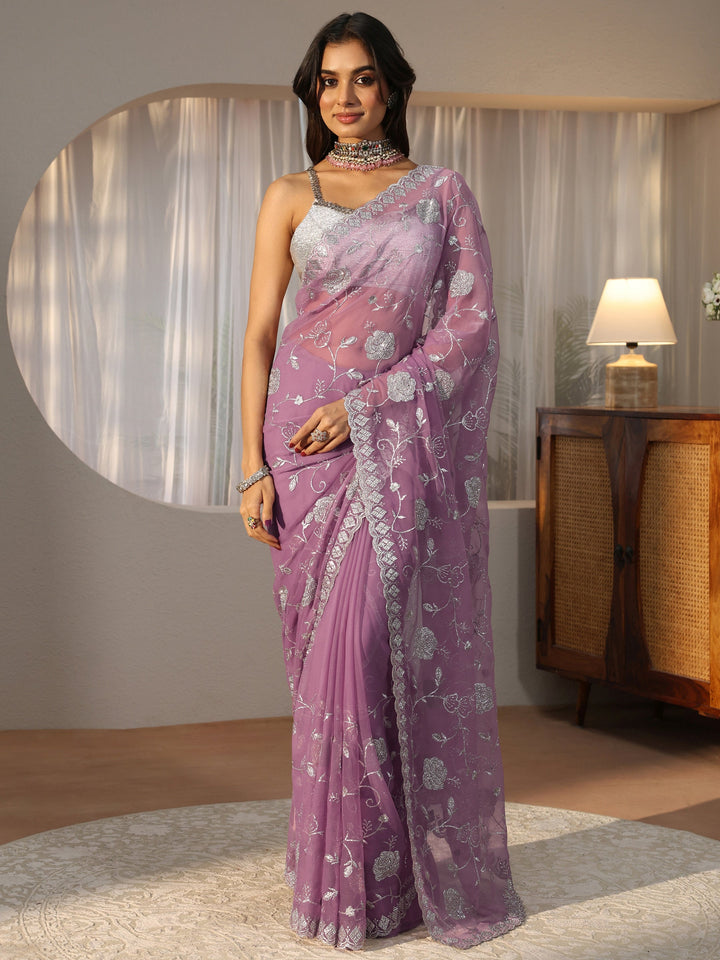 Lavender Floral Embroidered Chiffon Saree