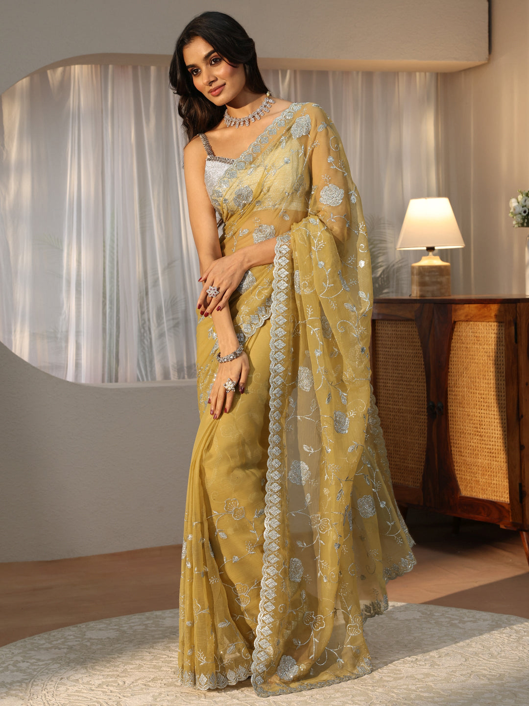 Yellow Floral Embroidered Chiffon Saree