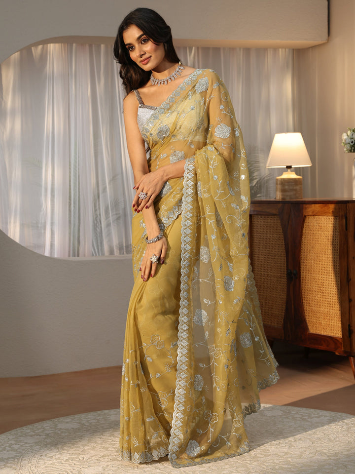 Yellow Floral Embroidered Chiffon Saree