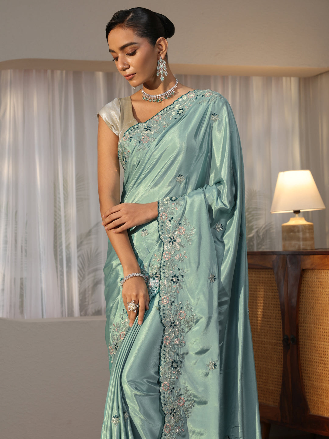 Dusty Blue Floral Embroidered Satin Saree