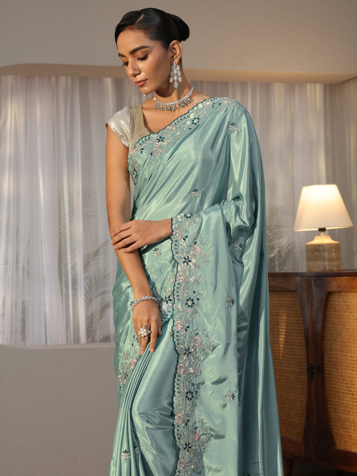 Dusty Blue Floral Embroidered Satin Saree