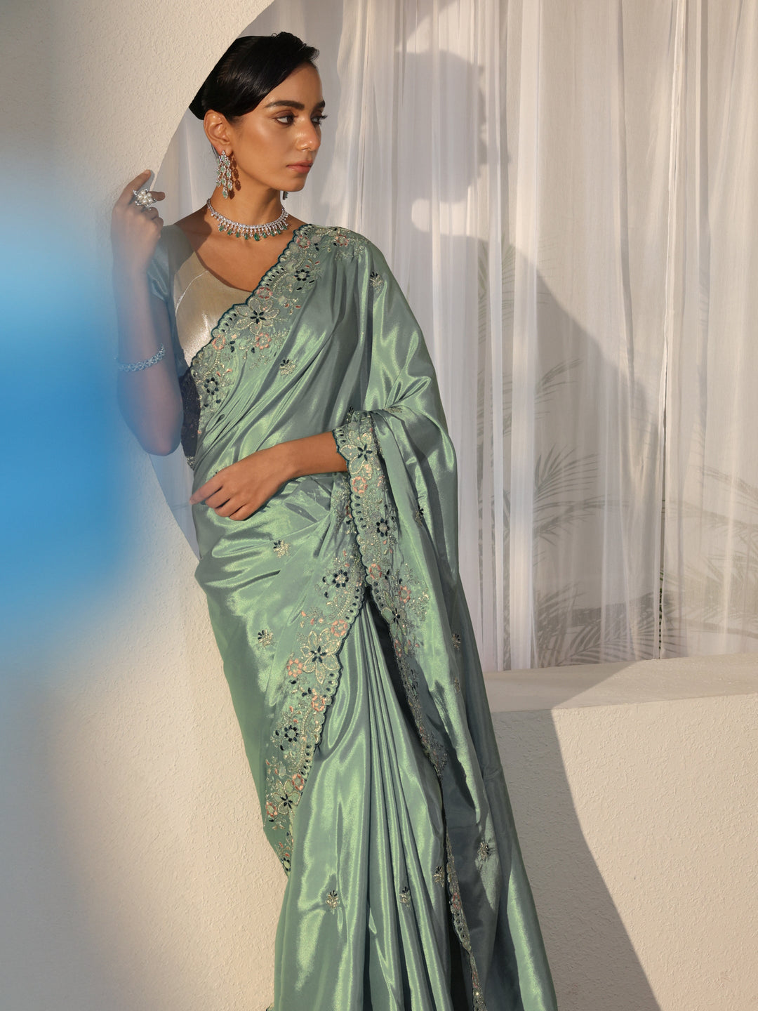 Dusty Blue Floral Embroidered Satin Saree