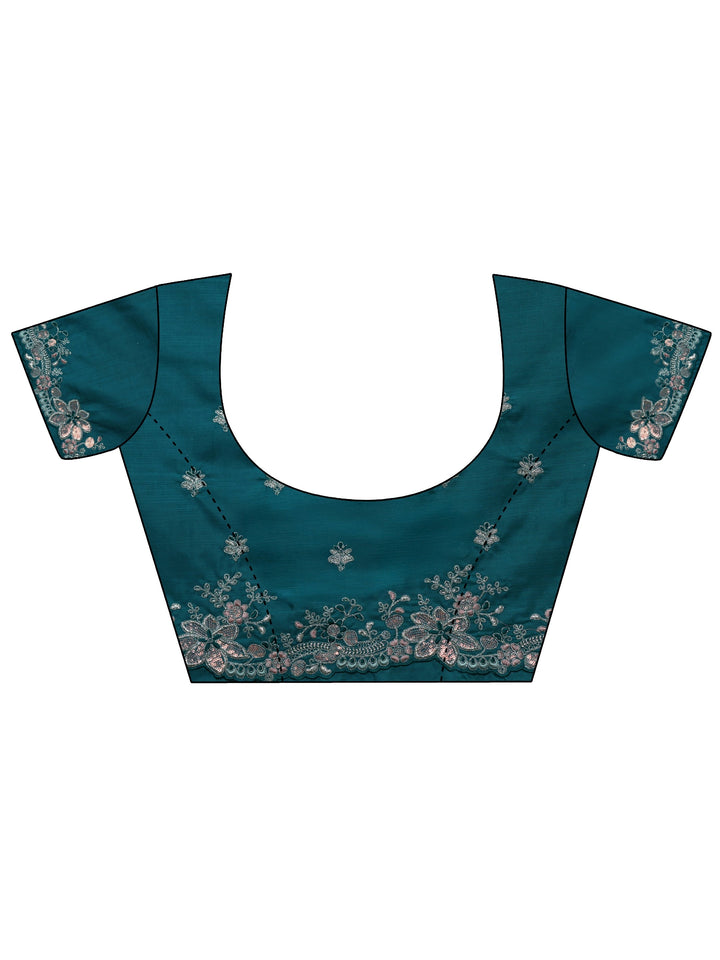 Dusty Blue Floral Embroidered Satin Saree