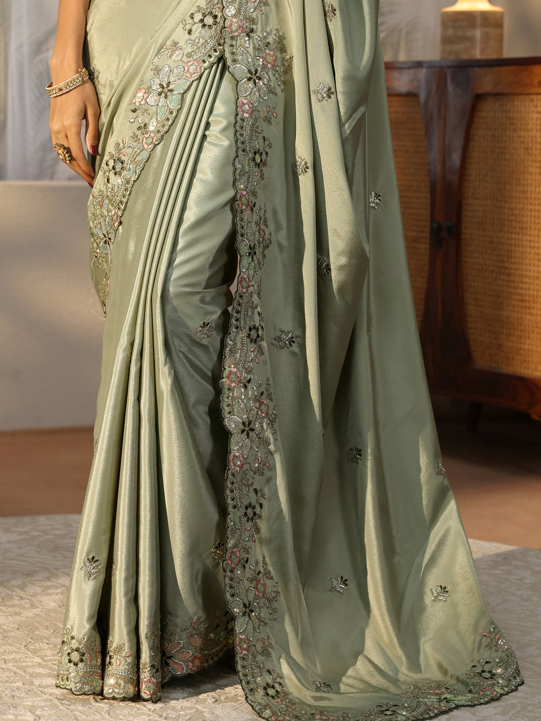 Sage Green Floral Embroidered Satin Saree