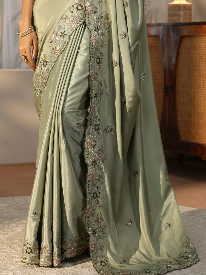 Sage Green Floral Embroidered Satin Saree
