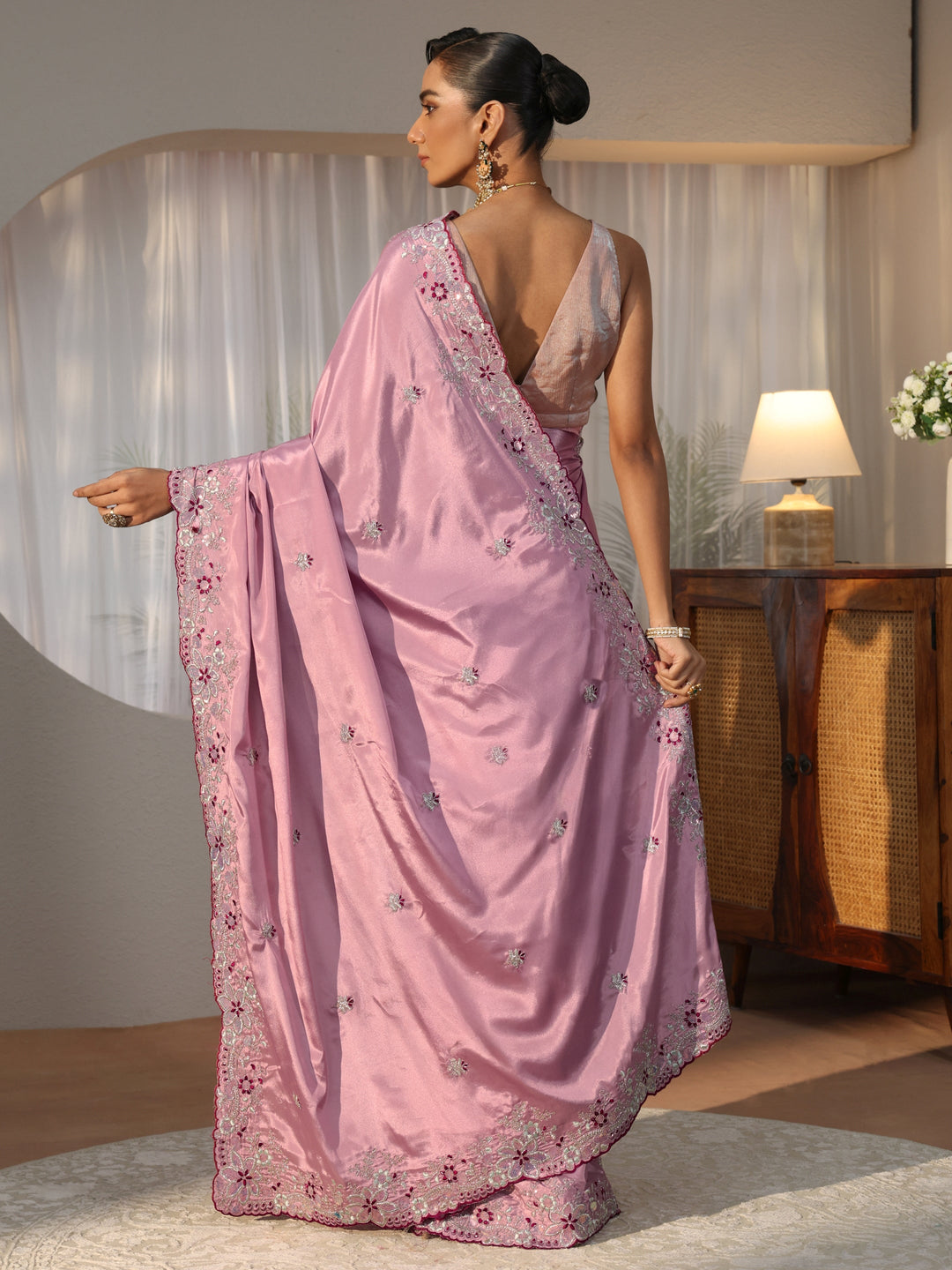 Lavender Floral Embroidered Satin Saree