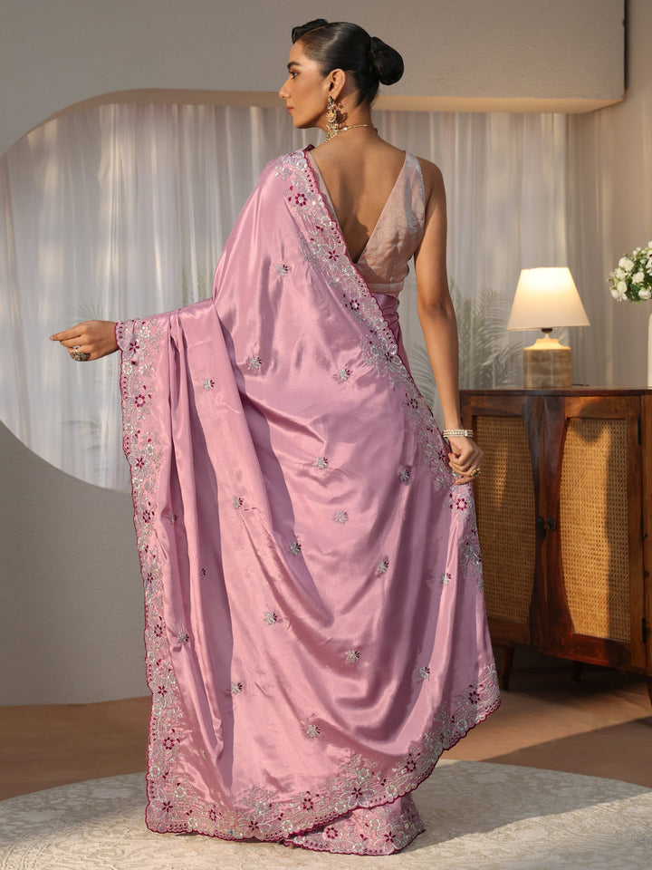 Lavender Floral Embroidered Satin Saree
