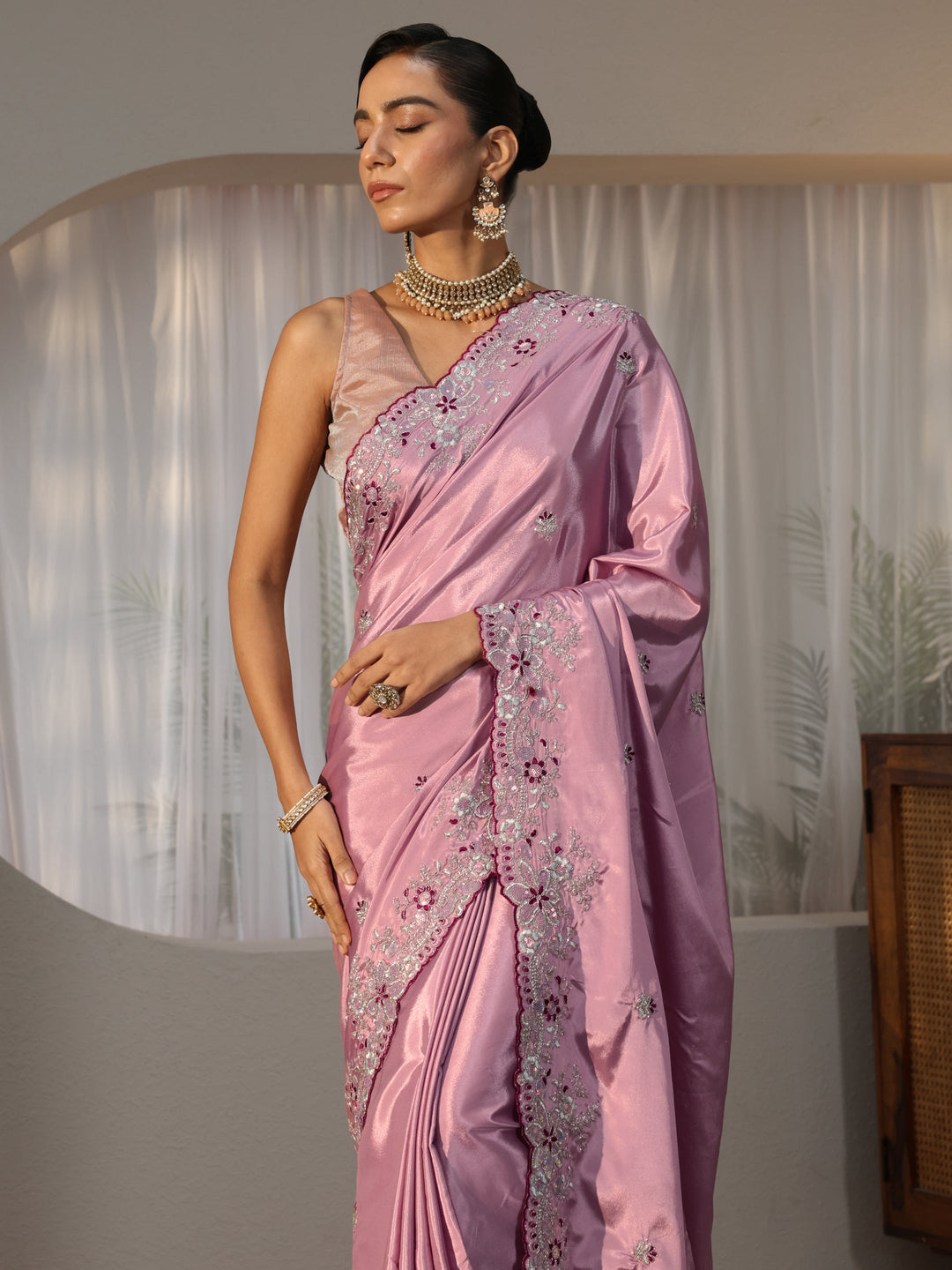 Lavender Floral Embroidered Satin Saree