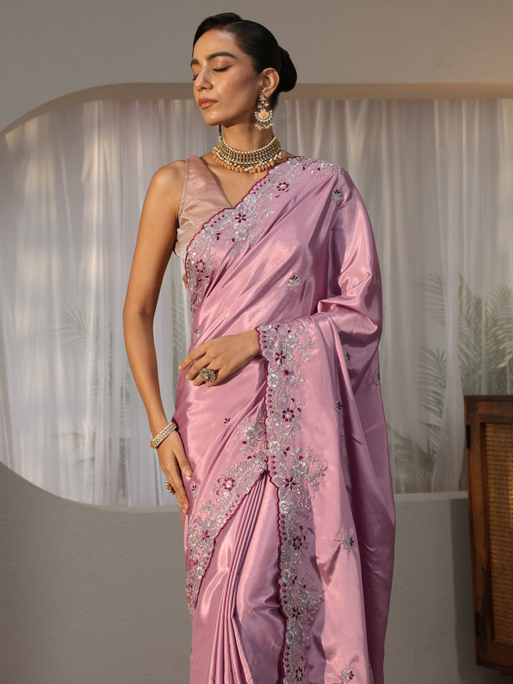 Lavender Floral Embroidered Satin Saree