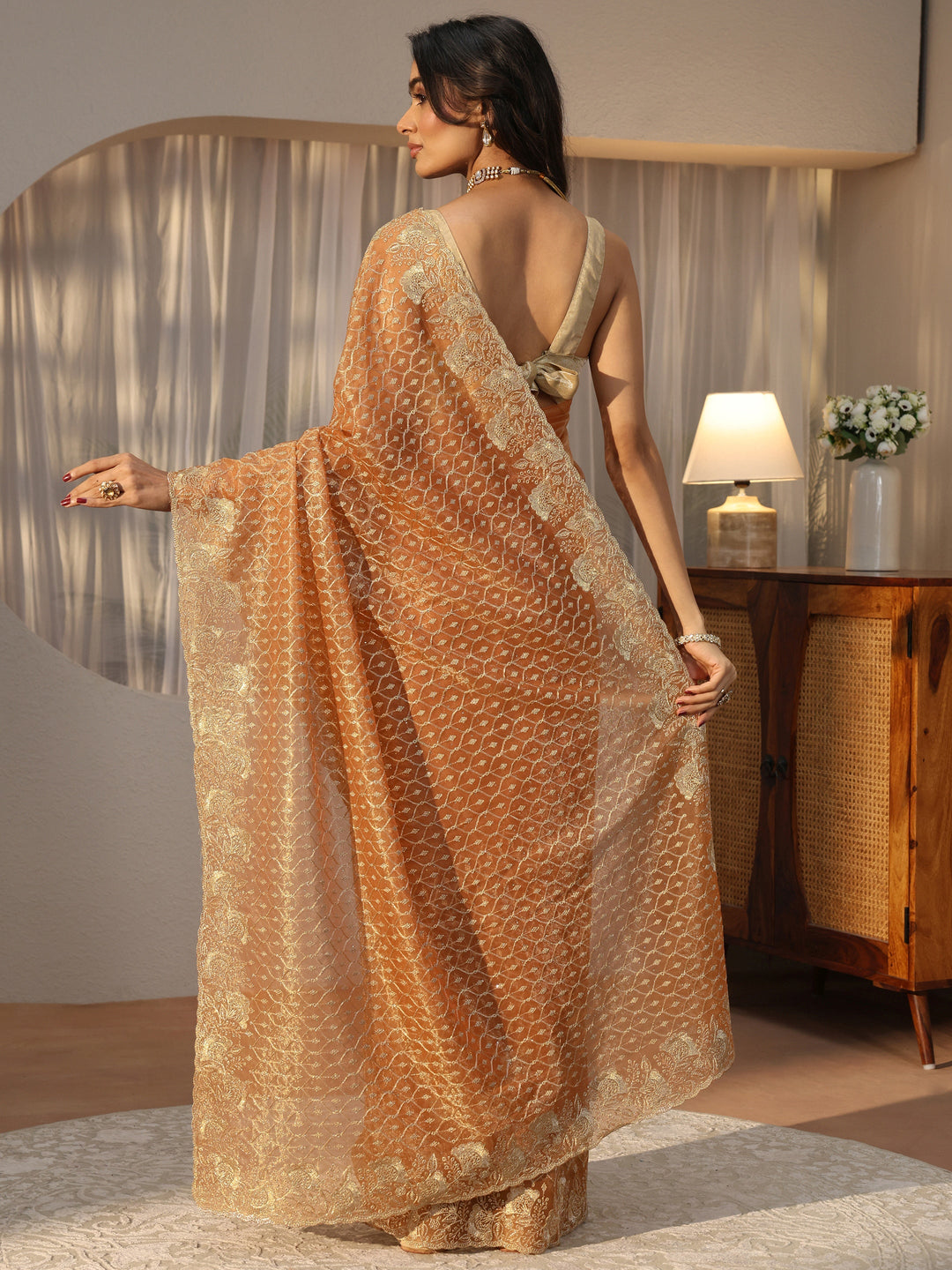 Orange Ethnic Embroidered Net Saree
