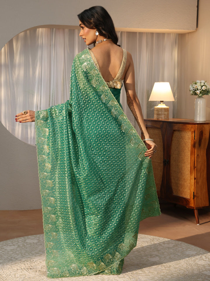Sea Green Ethnic Embroidered Net Saree