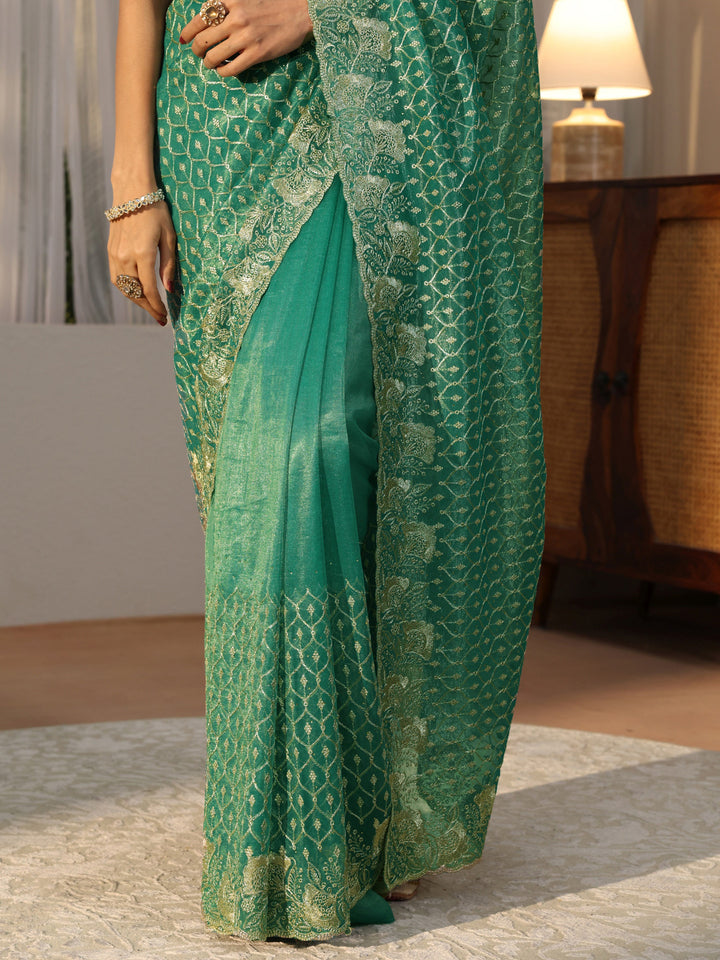 Sea Green Ethnic Embroidered Net Saree