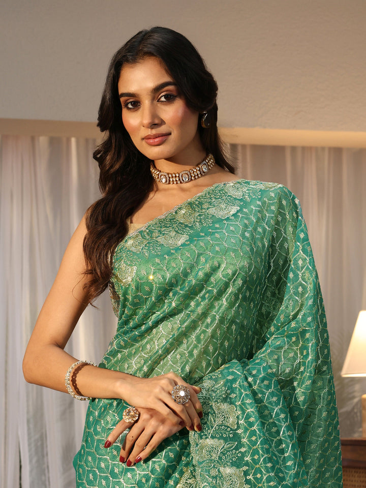 Sea Green Ethnic Embroidered Net Saree