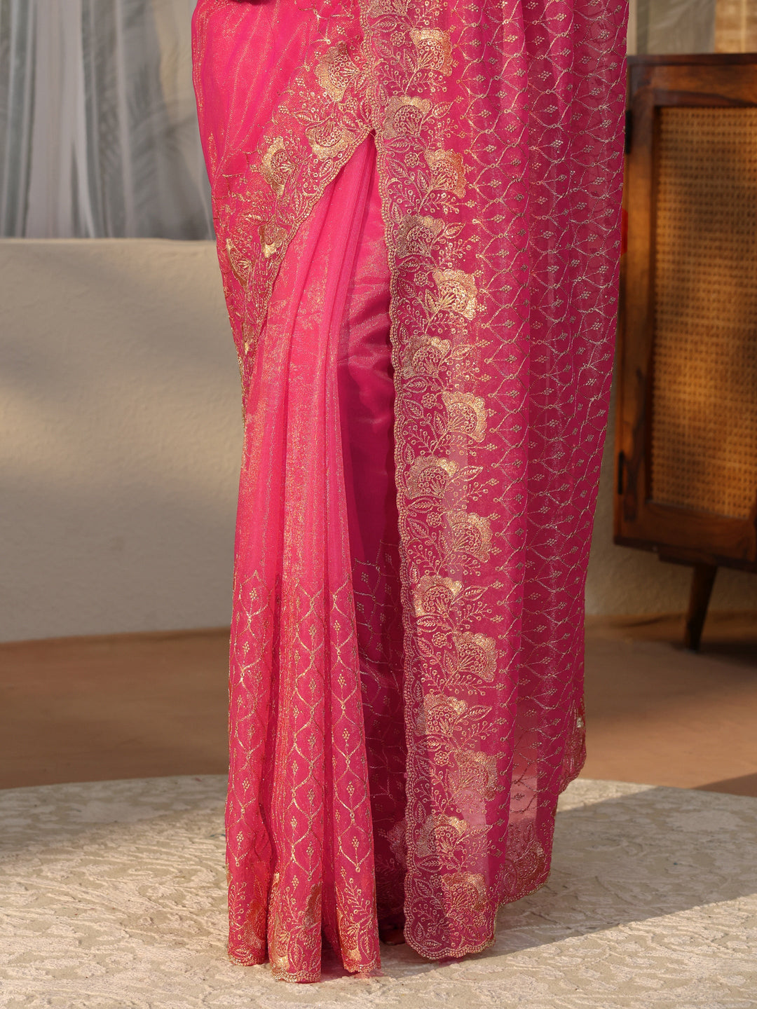 Fuchsia Pink Ethnic Embroidered Net Saree