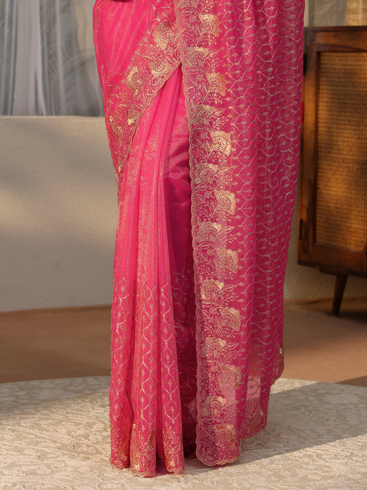 Fuchsia Pink Ethnic Embroidered Net Saree