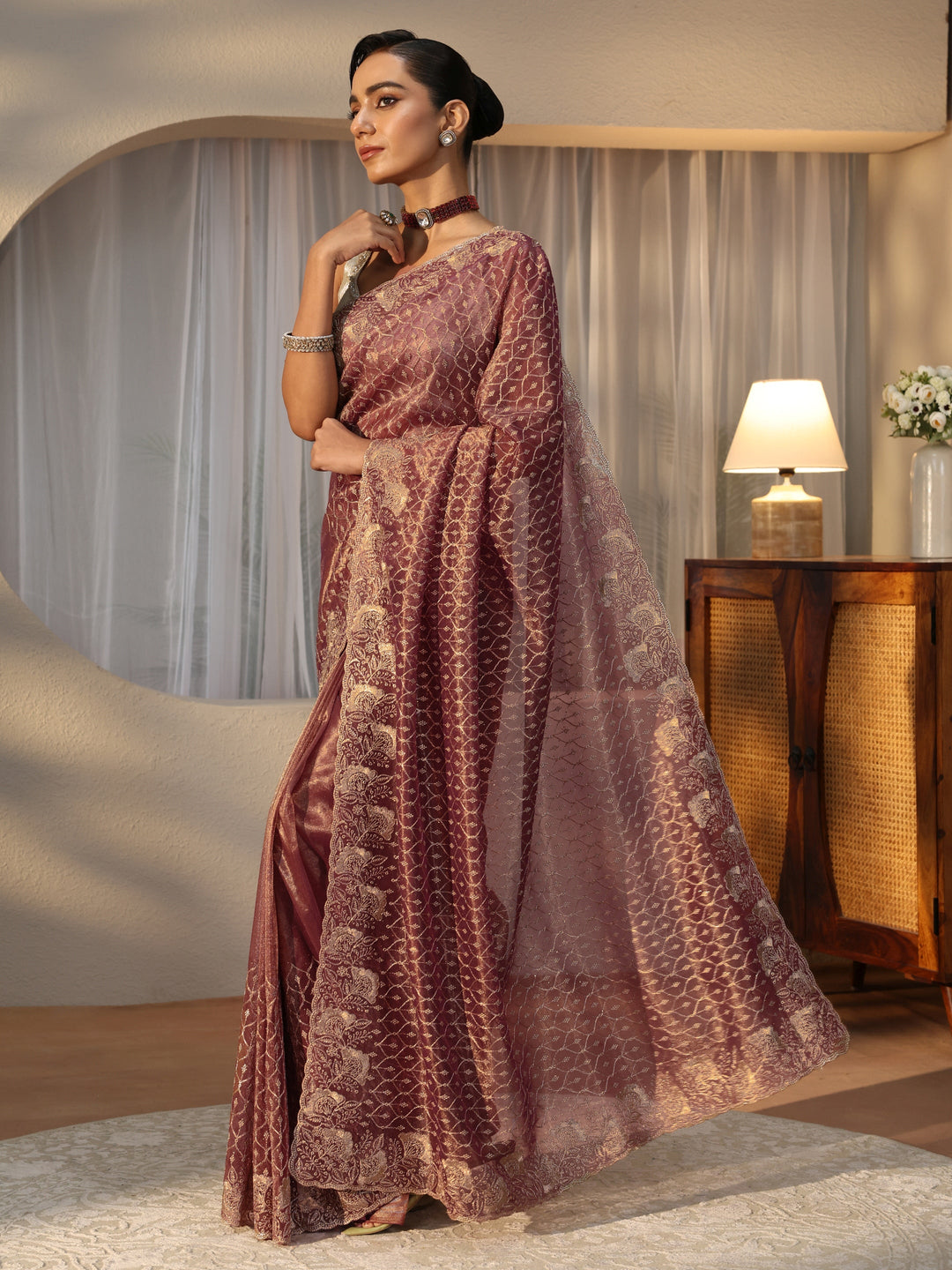 Mauve Ethnic Embroidered Net Saree