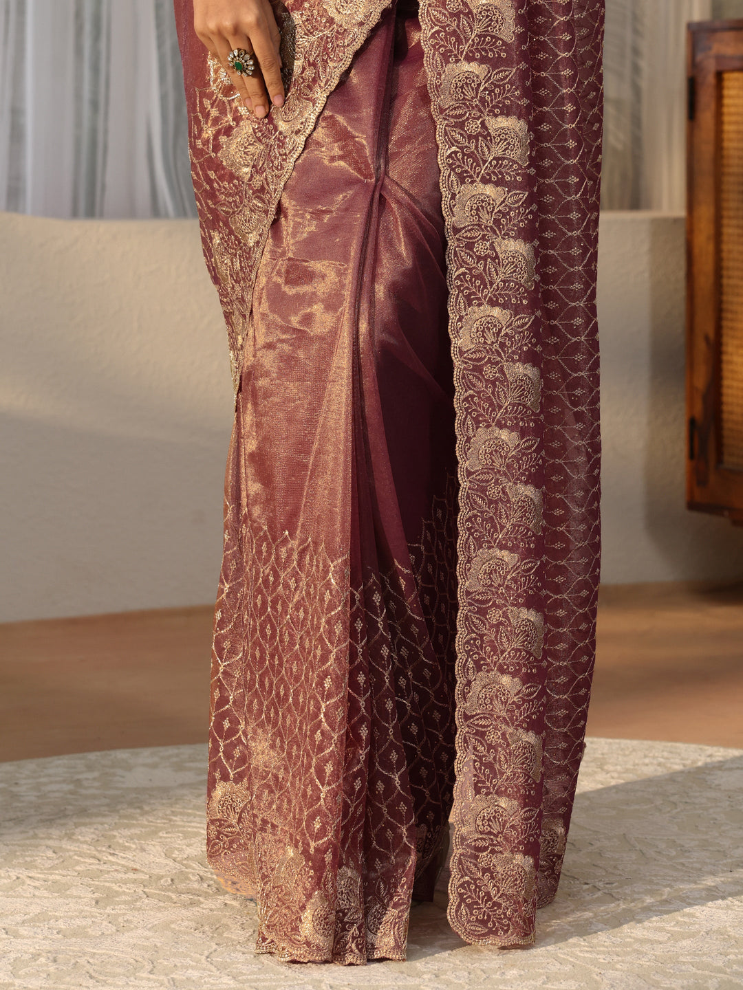 Mauve Ethnic Embroidered Net Saree