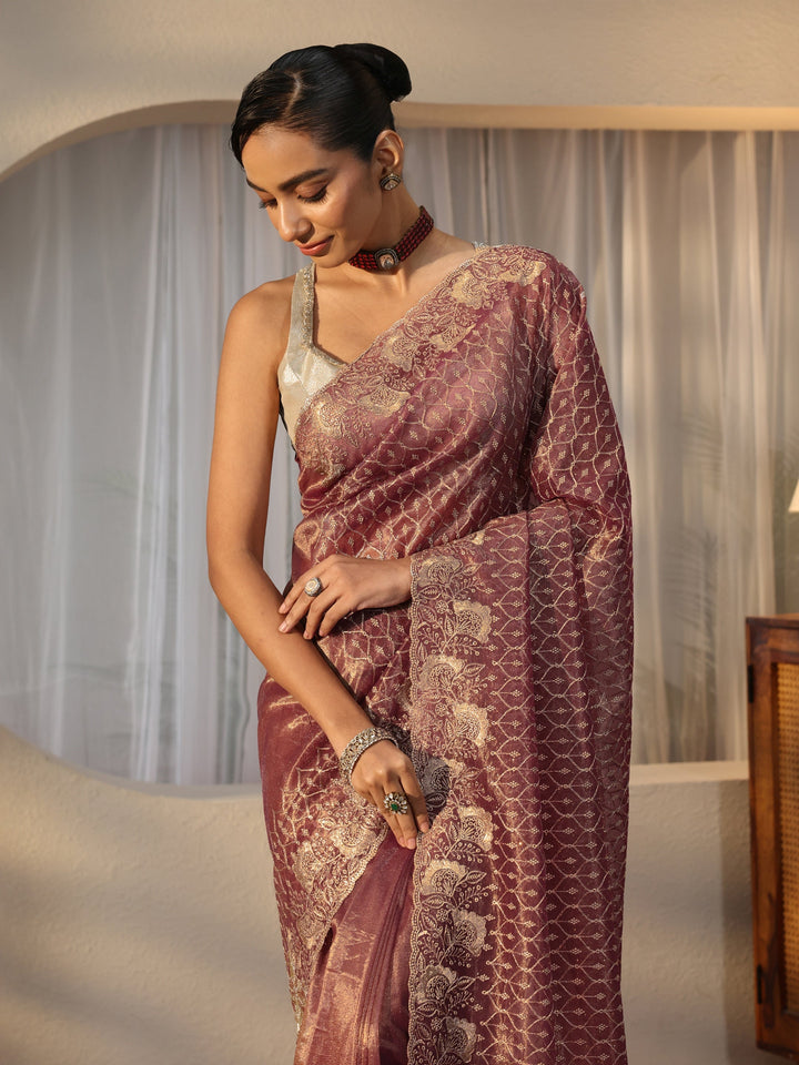 Mauve Ethnic Embroidered Net Saree