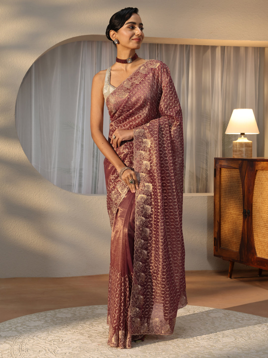 Mauve Ethnic Embroidered Net Saree