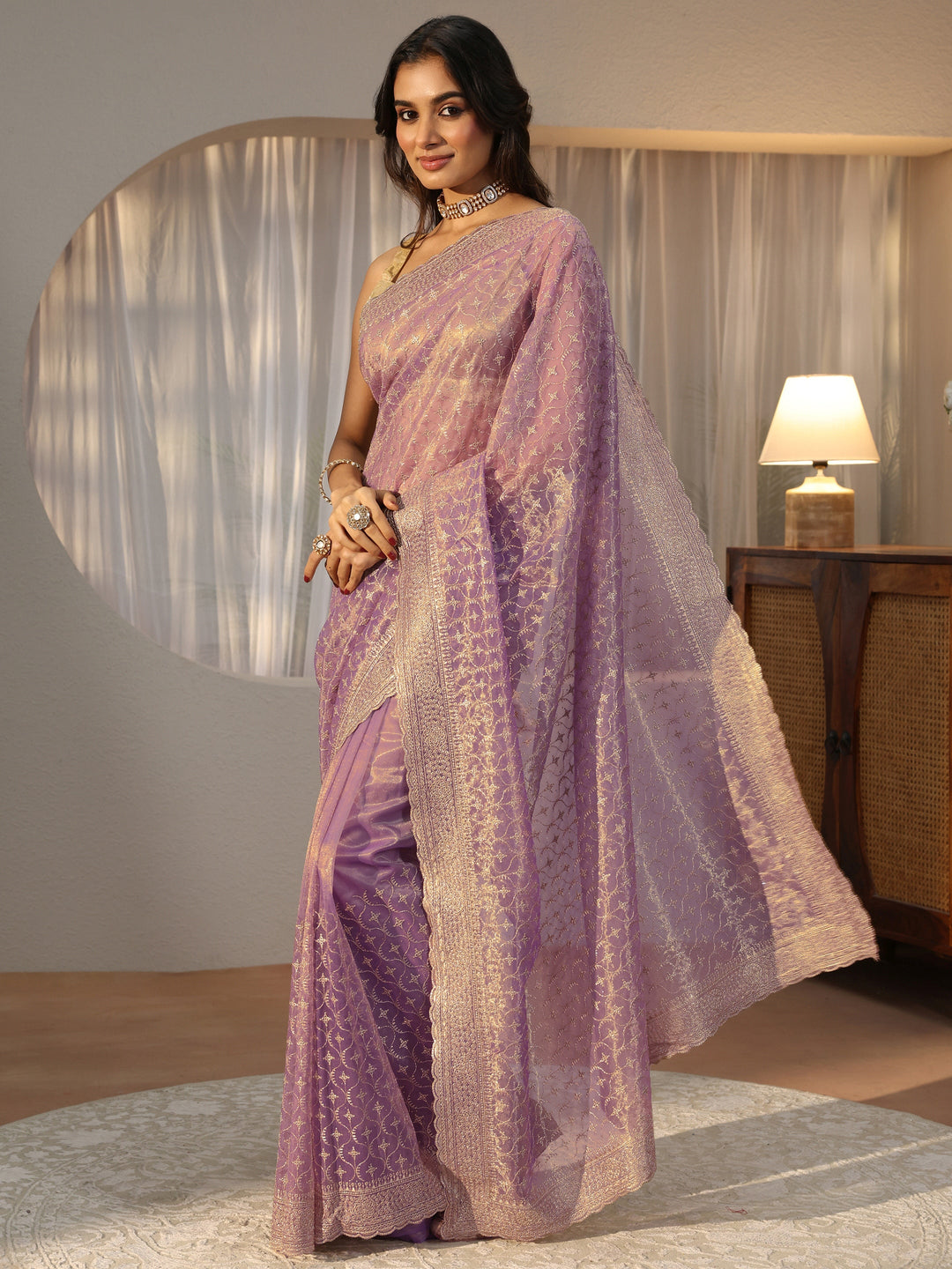 Lavender Ethnic Embroidered Net Saree