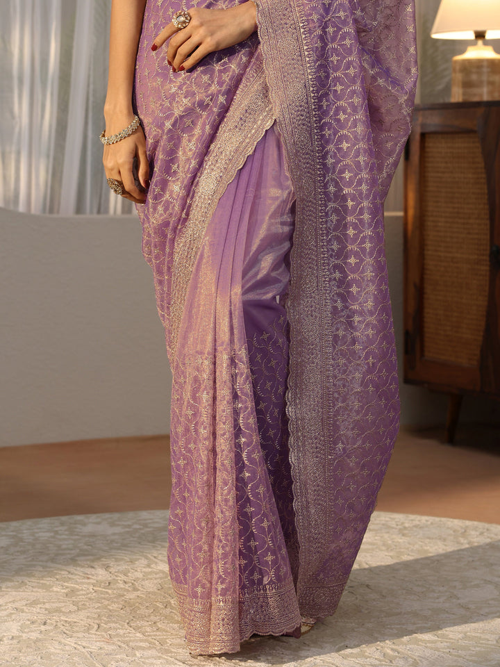 Lavender Ethnic Embroidered Net Saree