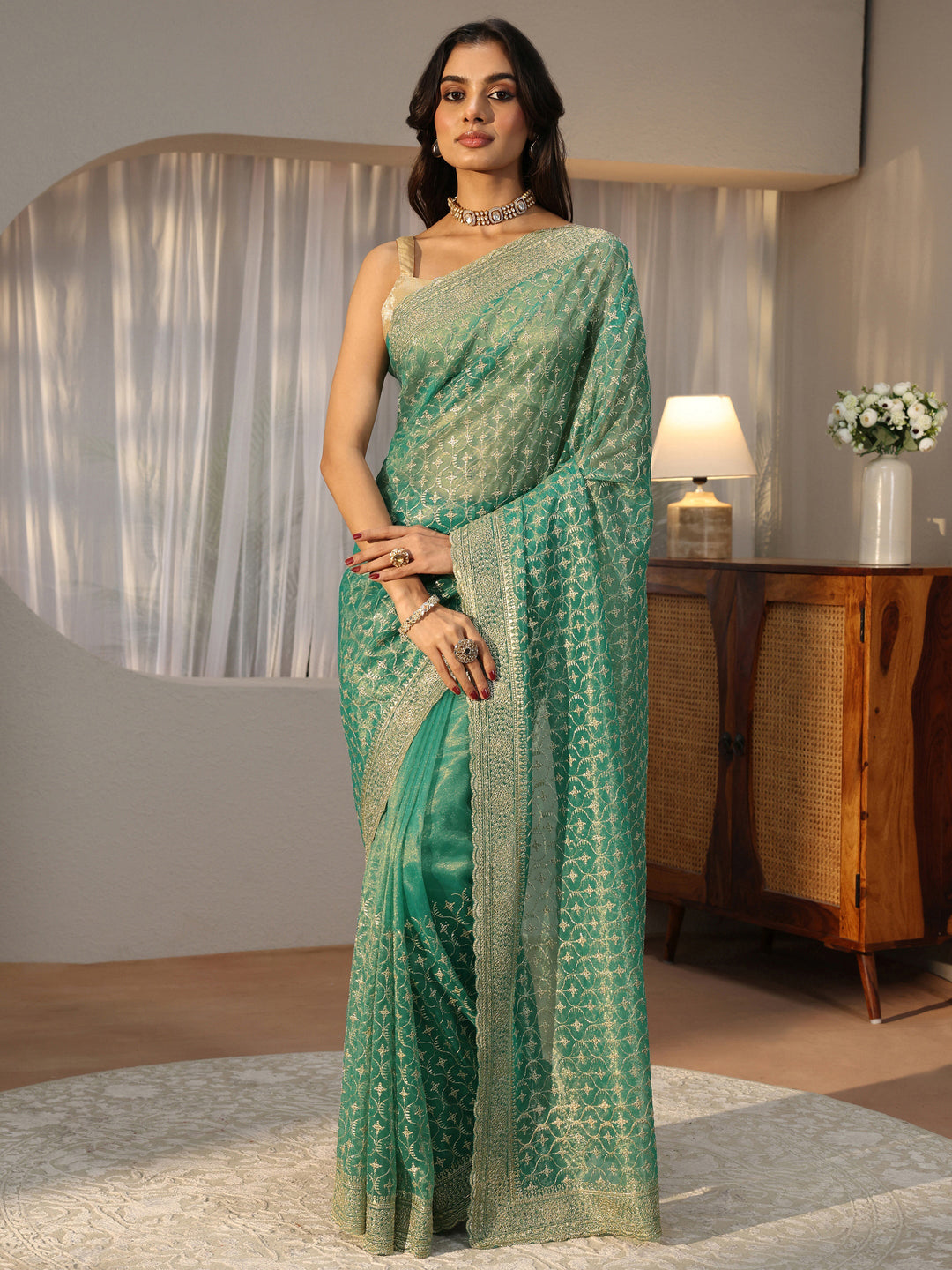 Sea Green Ethnic Embroidered Net Saree