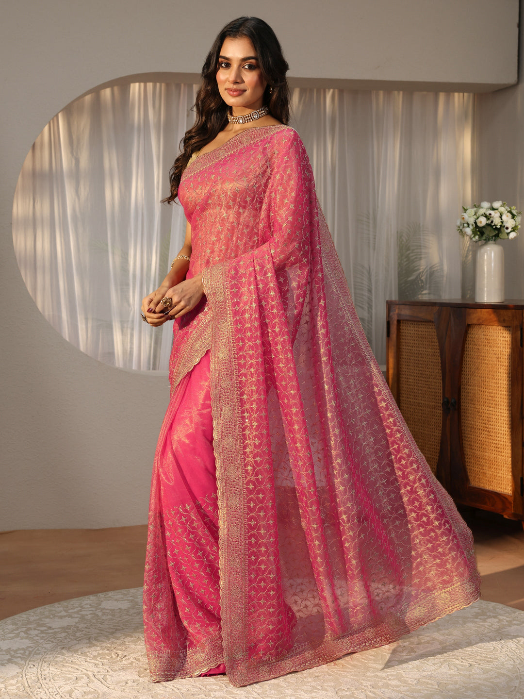 Hot Pink Ethnic Embroidered Net Saree