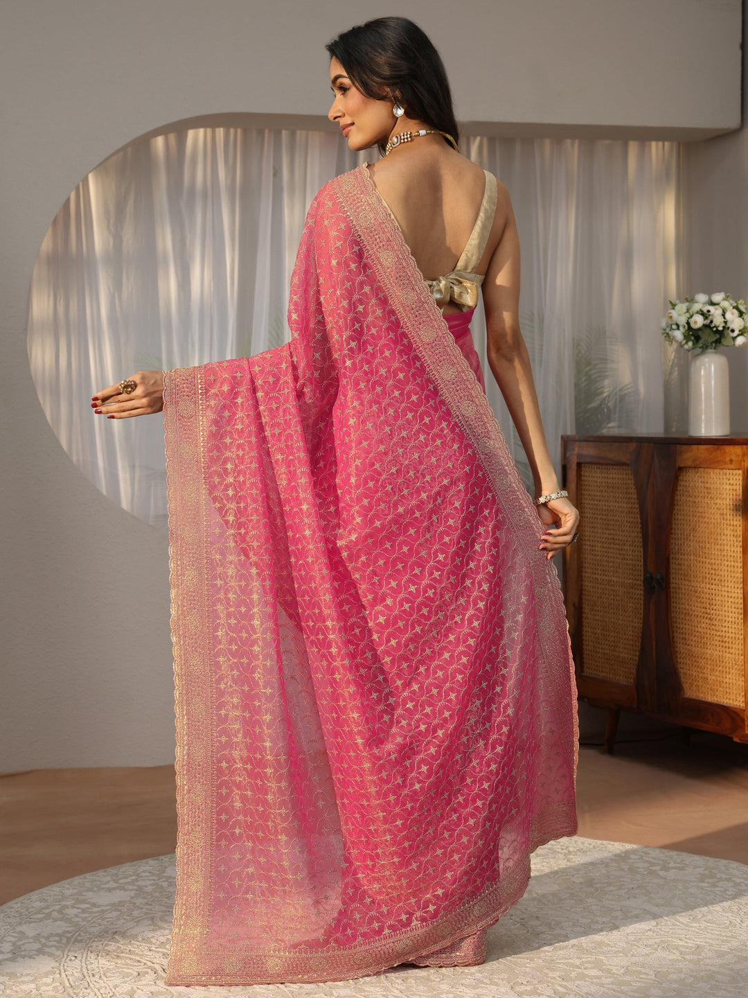 Hot Pink Ethnic Embroidered Net Saree