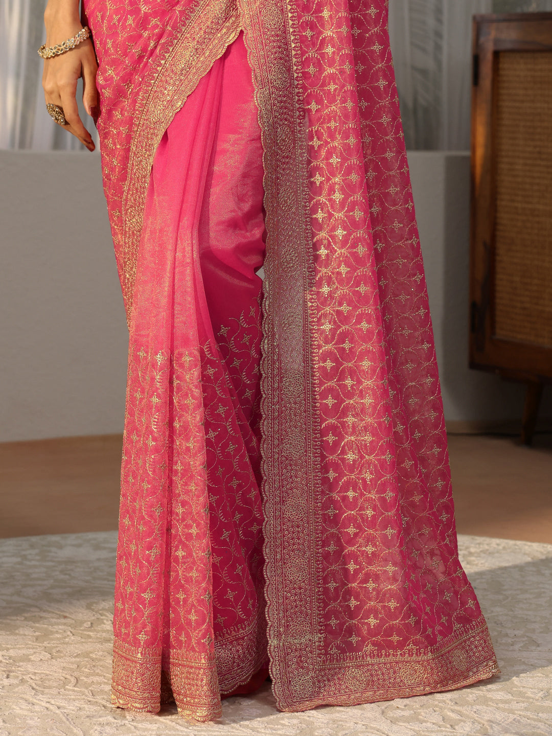 Hot Pink Ethnic Embroidered Net Saree