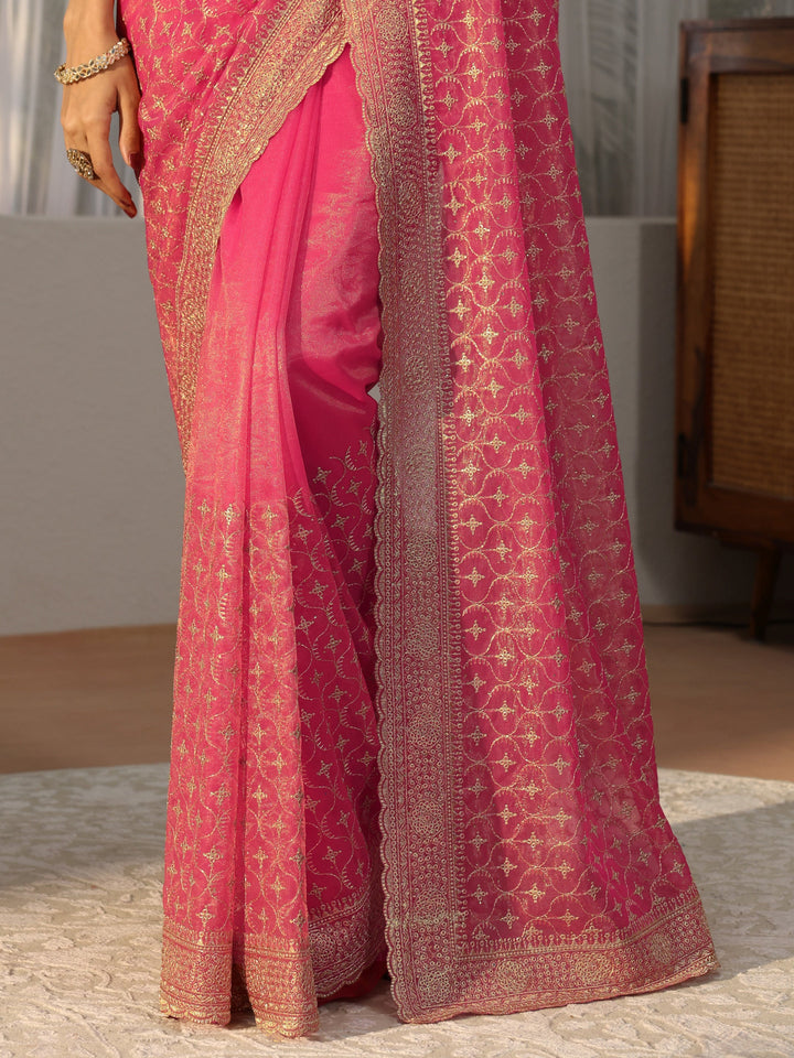Hot Pink Ethnic Embroidered Net Saree