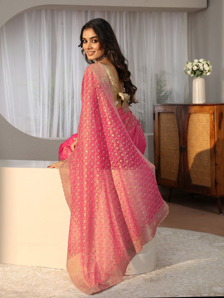 Hot Pink Ethnic Embroidered Net Saree