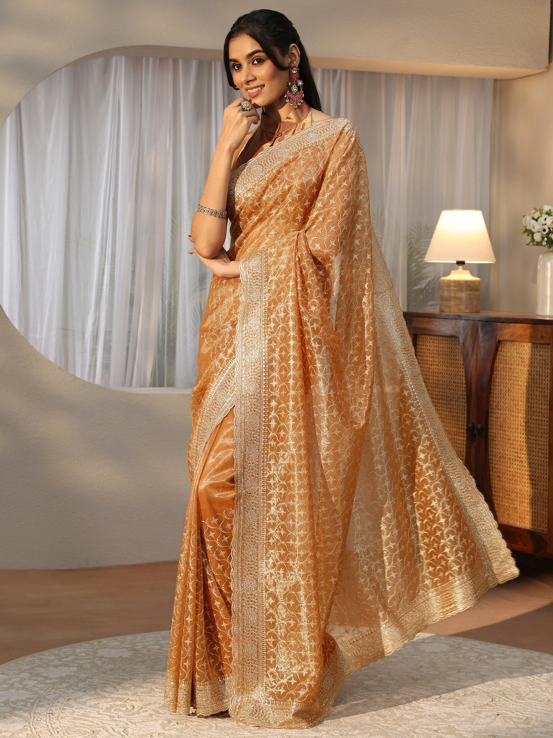 Orange Ethnic Embroidered Net Saree